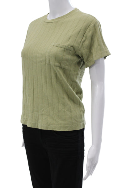 Redone Women Green Striped Cotton T-Shirt Short Sleeve Crew Neck Size S