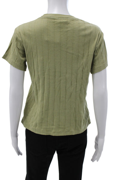 Redone Women Green Striped Cotton T-Shirt Short Sleeve Crew Neck Size S