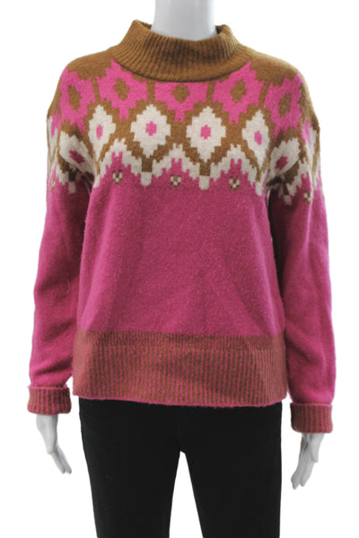 Monrow Women Brown Fair Isle Mock Neck Pullover Sweater Long Sleeve Size XS