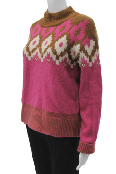 Monrow Women Brown Fair Isle Mock Neck Pullover Sweater Long Sleeve Size XS