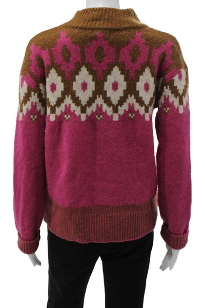 Monrow Women Brown Fair Isle Mock Neck Pullover Sweater Long Sleeve Size XS