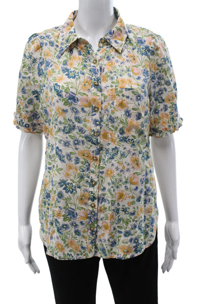 Pilcro Anthropologie Women Floral Cotton Collared Short Sleeve Blouse Size S