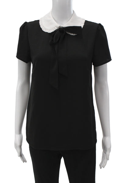 CeCe Women Basic Collared Short Sleeve Blouse Black Polyester Size S