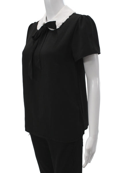 CeCe Women Basic Collared Short Sleeve Blouse Black Polyester Size S