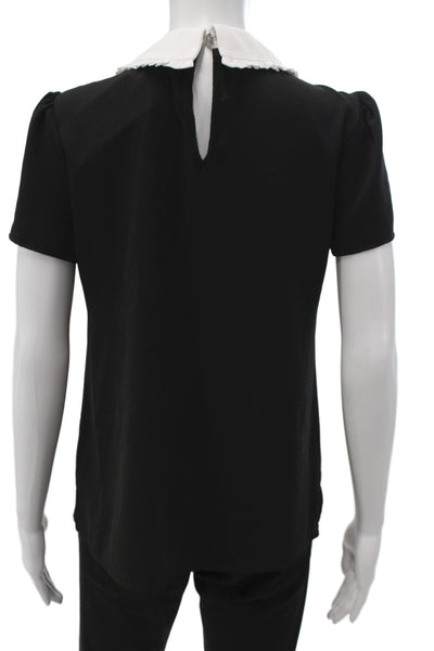 CeCe Women Basic Collared Short Sleeve Blouse Black Polyester Size S