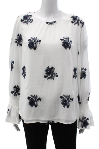 CeCe Womens Tunic Blouse White Floral Long Sleeve Round Neck Polyester Size M