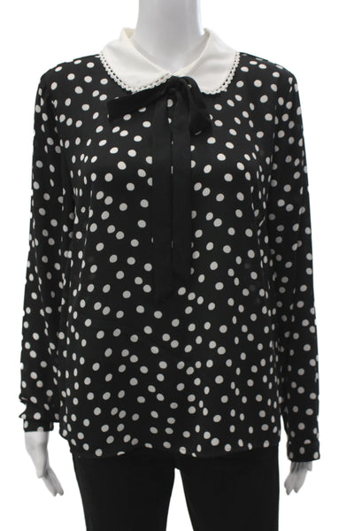 CeCe Women Polka Dot Collared Long Sleeve Blouse Black Size M