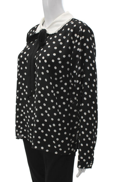 CeCe Women Polka Dot Collared Long Sleeve Blouse Black Size M