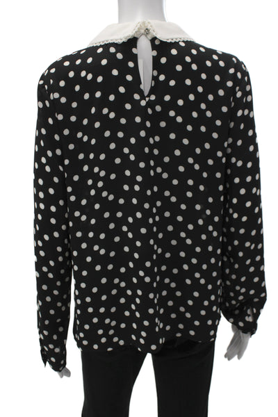CeCe Women Polka Dot Collared Long Sleeve Blouse Black Size M
