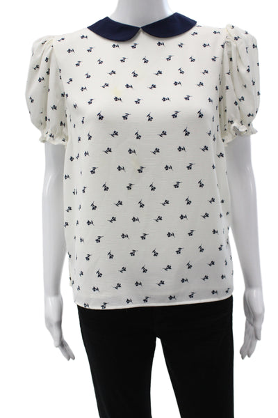 CeCe Women Floral Collared Short Sleeve Basic Blouse White Polyester Size S