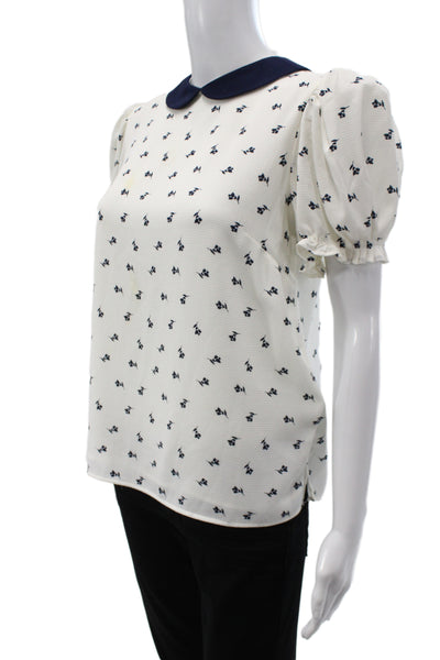 CeCe Women Floral Collared Short Sleeve Basic Blouse White Polyester Size S