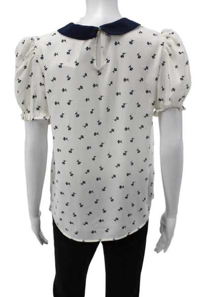 CeCe Women Floral Collared Short Sleeve Basic Blouse White Polyester Size S