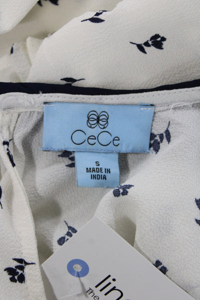 CeCe Women Floral Collared Short Sleeve Basic Blouse White Polyester Size S