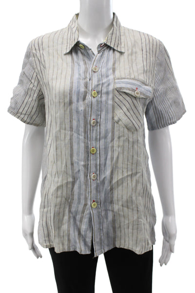 Flax Women Striped Linen Short Sleeve Collared Button Up Top Size S