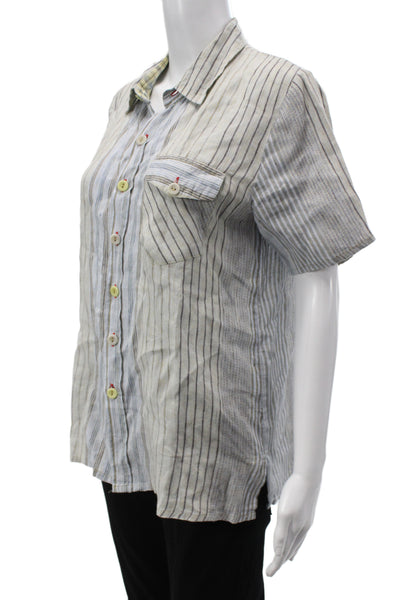 Flax Women Striped Linen Short Sleeve Collared Button Up Top Size S
