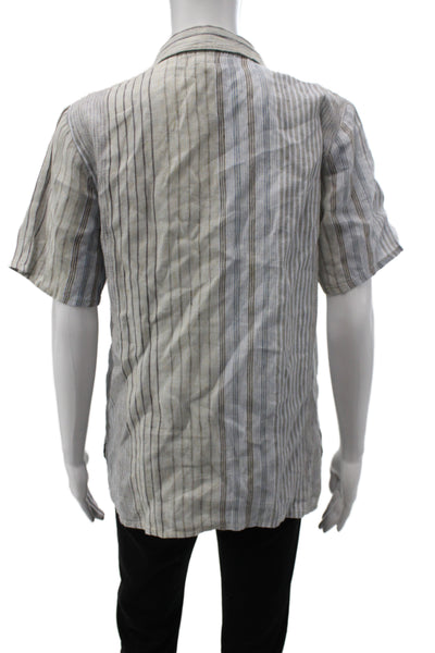 Flax Women Striped Linen Short Sleeve Collared Button Up Top Size S