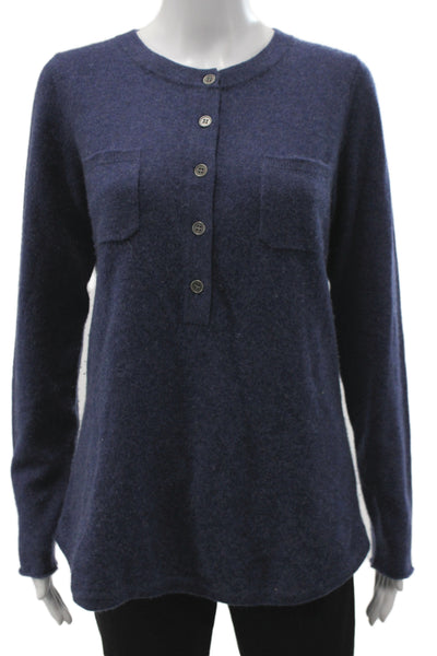 Project Women Henley 100% Cashmere Sweater Blue Long Sleeve Round Neck Size M