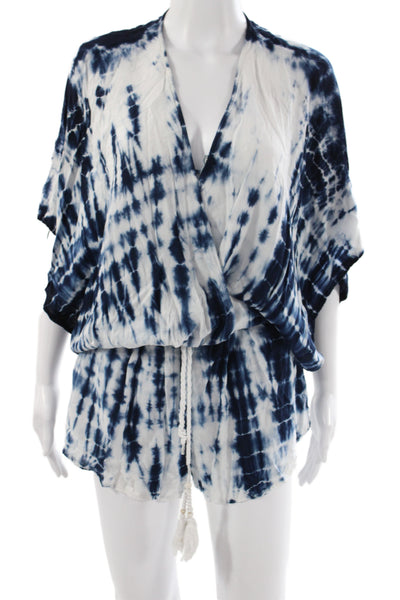 Surf Gypsy Women Blue Tie Dye Rayon Romper Short Sleeve Size L