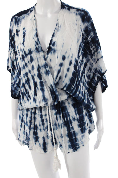 Surf Gypsy Women Blue Tie Dye Rayon Romper Short Sleeve Size L
