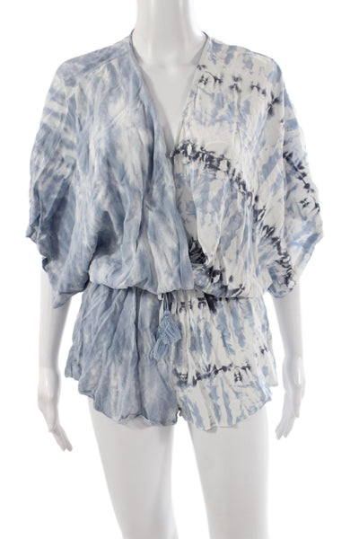 Surf Gypsy Women Blue Tie Dye V-Neck Romper Short Sleeve Drawstring Size M