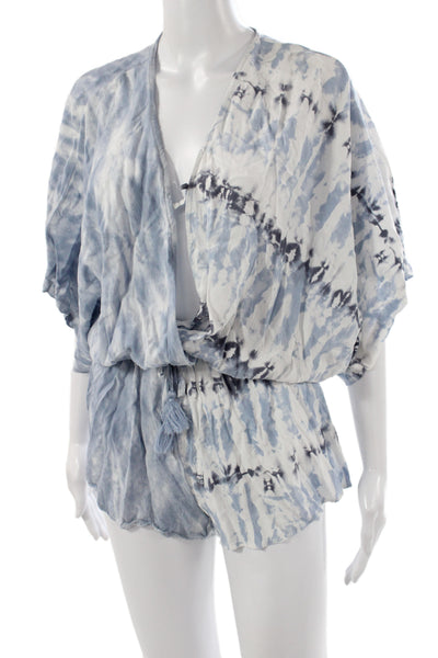Surf Gypsy Women Blue Tie Dye V-Neck Romper Short Sleeve Drawstring Size M