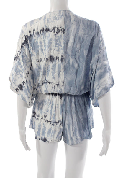 Surf Gypsy Women Blue Tie Dye V-Neck Romper Short Sleeve Drawstring Size M
