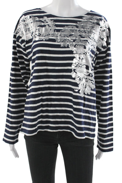 J Crew Women Jersey T-Shirt Blue Floral Boat Neck Long Sleeve Size L