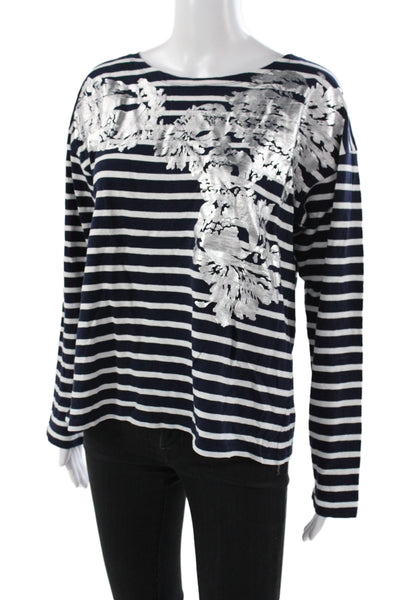 J Crew Women Jersey T-Shirt Blue Floral Boat Neck Long Sleeve Size L