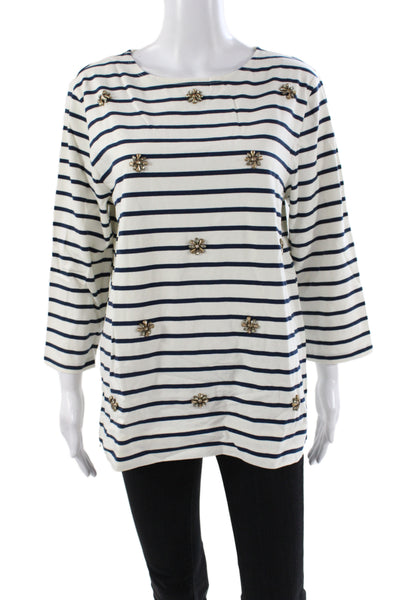 Garnet Hill Women Jersey Boatneck Striped Cotton 3/4 Sleeve Tee Size L
