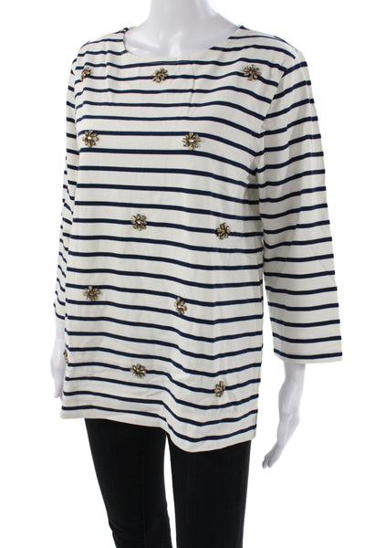Garnet Hill Women Jersey Boatneck Striped Cotton 3/4 Sleeve Tee Size L
