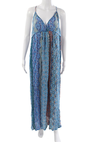 Lovestitch Women Maxi Dress Blue V-Neck Sleeveless Bohemian Mid-Calf Size L
