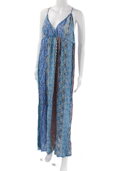 Lovestitch Women Maxi Dress Blue V-Neck Sleeveless Bohemian Mid-Calf Size L