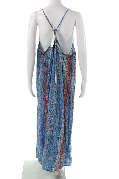 Lovestitch Women Maxi Dress Blue V-Neck Sleeveless Bohemian Mid-Calf Size L