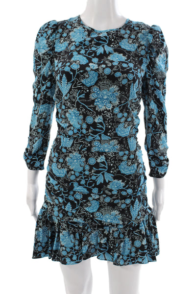 Tanya Taylor Womens Fit & Flare Black Floral Silk Dress Long Sleeve Size 2