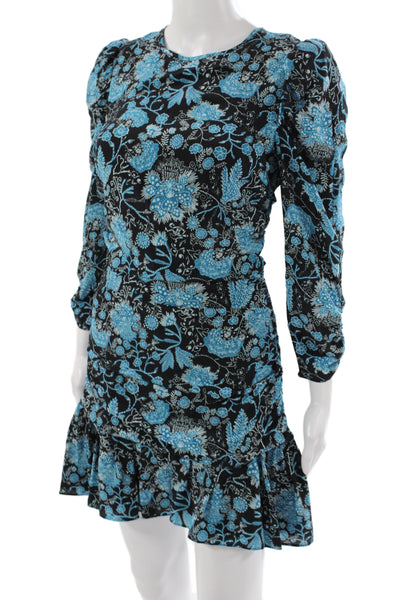 Tanya Taylor Womens Fit & Flare Black Floral Silk Dress Long Sleeve Size 2