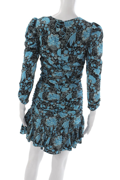 Tanya Taylor Womens Fit & Flare Black Floral Silk Dress Long Sleeve Size 2