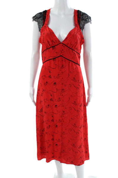 Tanya Taylor Women Fit & Flare Red Silk Geometric V-Neck Sleeveless Dress Size 2