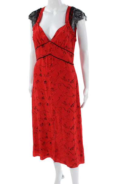 Tanya Taylor Women Fit & Flare Red Silk Geometric V-Neck Sleeveless Dress Size 2