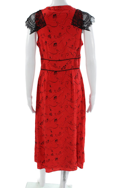 Tanya Taylor Women Fit & Flare Red Silk Geometric V-Neck Sleeveless Dress Size 2