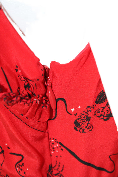 Tanya Taylor Women Fit & Flare Red Silk Geometric V-Neck Sleeveless Dress Size 2