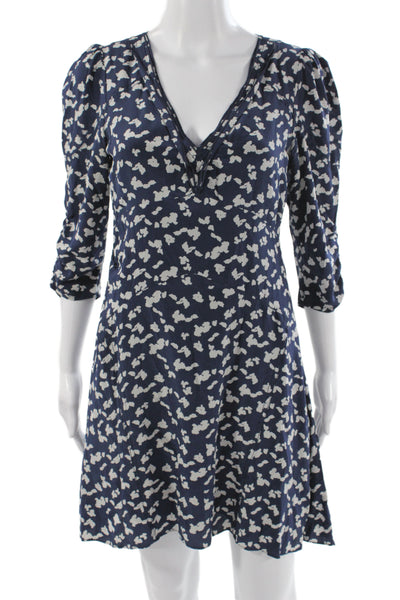 Tanya Taylor Women A-Line Silk V-Neck Short Blue Floral Dress 3/4 Sleeve Size 4