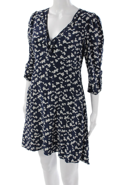 Tanya Taylor Women A-Line Silk V-Neck Short Blue Floral Dress 3/4 Sleeve Size 4