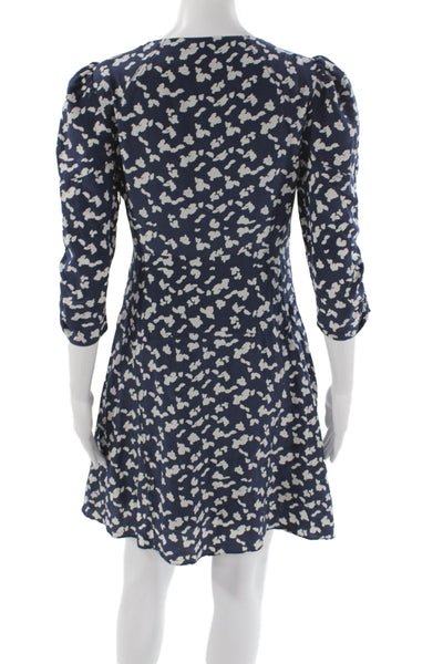Tanya Taylor Women A-Line Silk V-Neck Short Blue Floral Dress 3/4 Sleeve Size 4