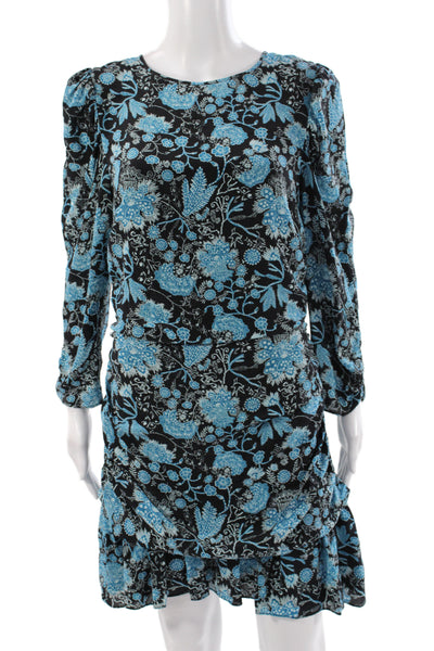 Tanya Taylor Women Mini Floral Silk Dress Long Sleeve Round Neck Black Size 10