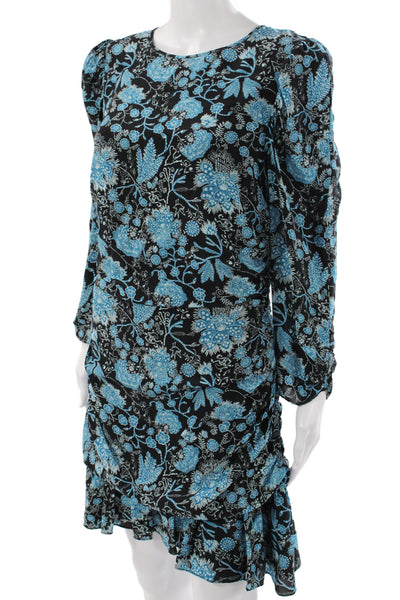 Tanya Taylor Women Mini Floral Silk Dress Long Sleeve Round Neck Black Size 10