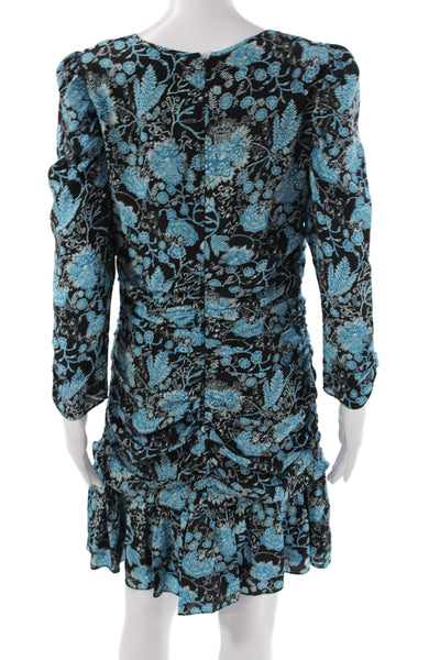 Tanya Taylor Women Mini Floral Silk Dress Long Sleeve Round Neck Black Size 10