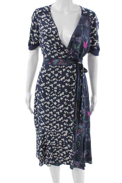 Tanya Taylor Women Wrap Dress Blue Silk Short Sleeve Midi Tie Size 2
