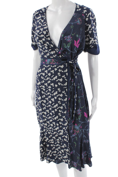 Tanya Taylor Women Wrap Dress Blue Silk Short Sleeve Midi Tie Size 2