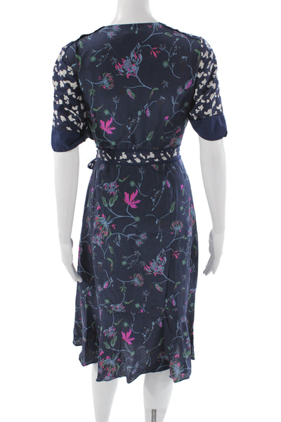 Tanya Taylor Women Wrap Dress Blue Silk Short Sleeve Midi Tie Size 2