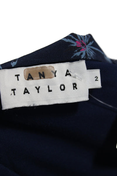 Tanya Taylor Women Wrap Dress Blue Silk Short Sleeve Midi Tie Size 2